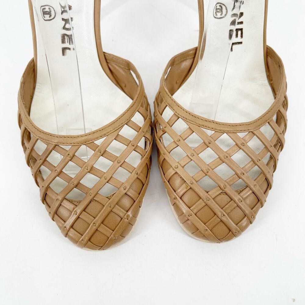 Chanel Vintage Retro Camel Tan Leather Woven Lattice Ankle Strap Heels EU 38 - Picture 6 of 14